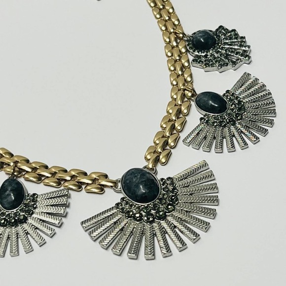 Fan Pendant Statement Necklace with Stone Gold Silver Blue Two Tone Boho Classic - Picture 3 of 6